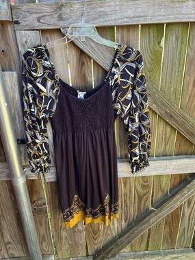 👗 Krista Lee Boho Brown and Gold Puff-Sleeve Women's Dress